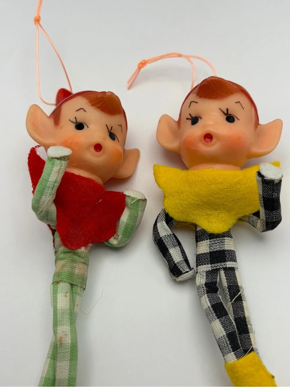 1960s, MCM, Pixie Elf Christmas Ornaments, Checkered Outfits, Japan, 4.25” Tall